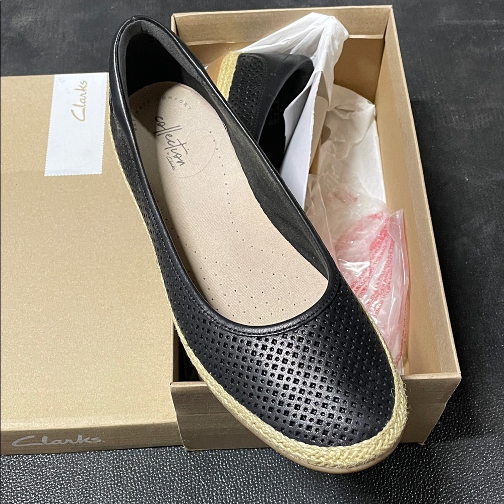 Clarks Women's Black Perforated Loafers with Tan Trim